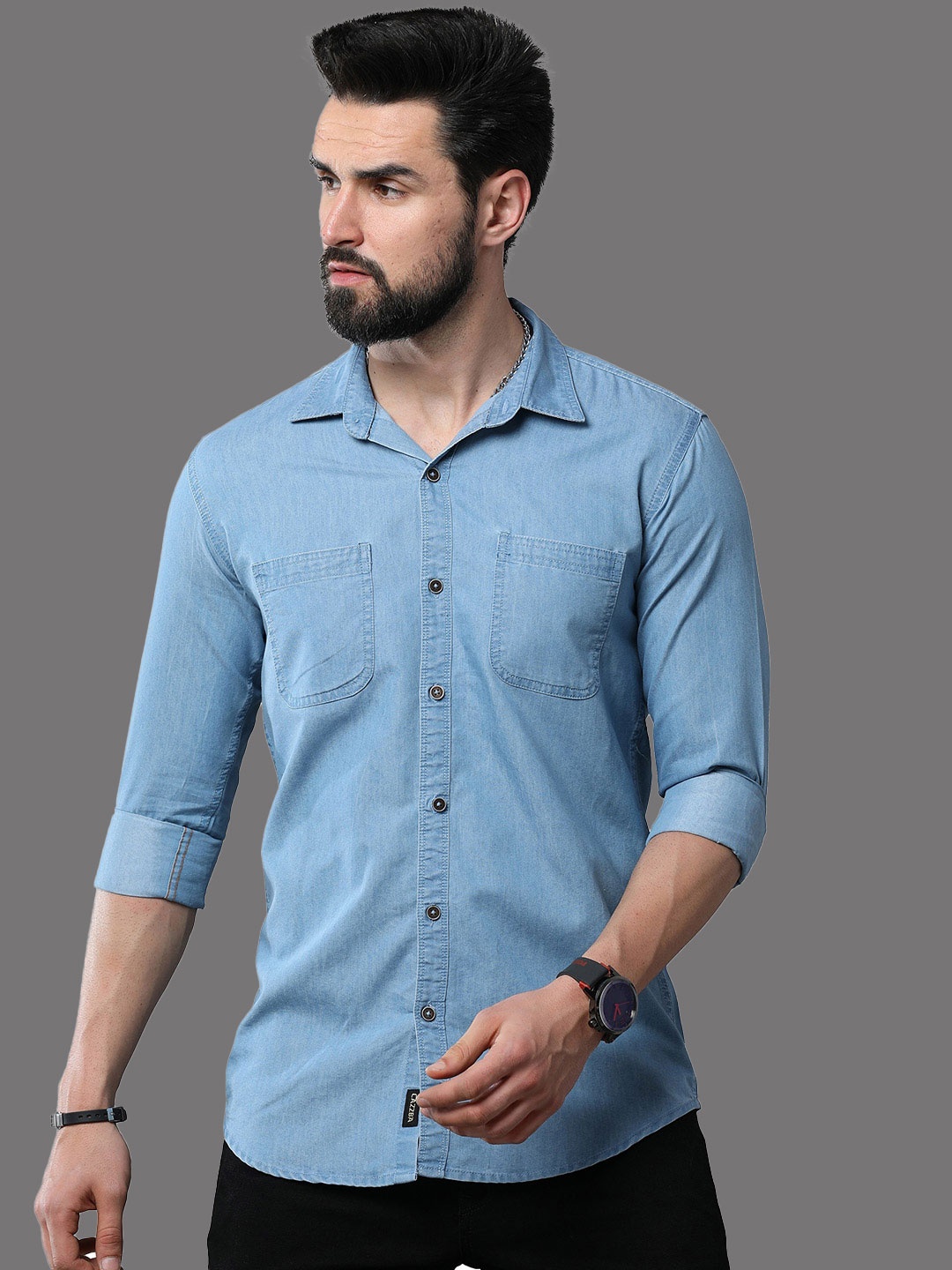 

CAZZBA Spread Collar Denim Casual Shirt, Blue