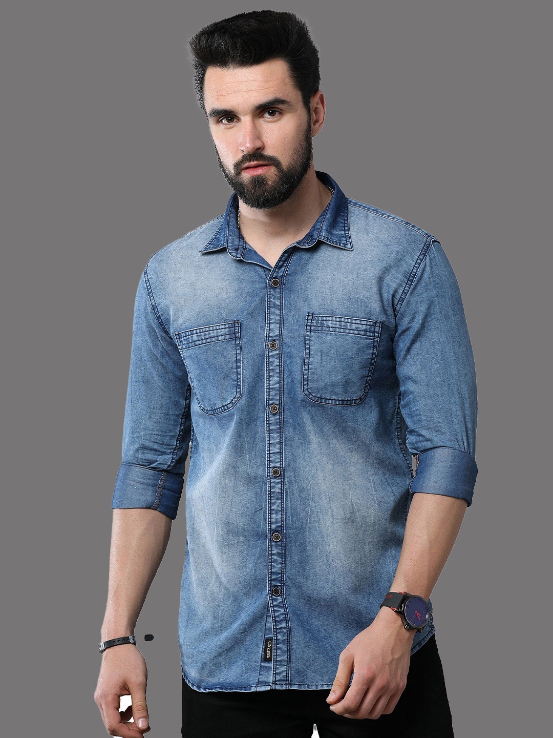 

CAZZBA Faded Spread Collar Denim Casual Shirt, Blue