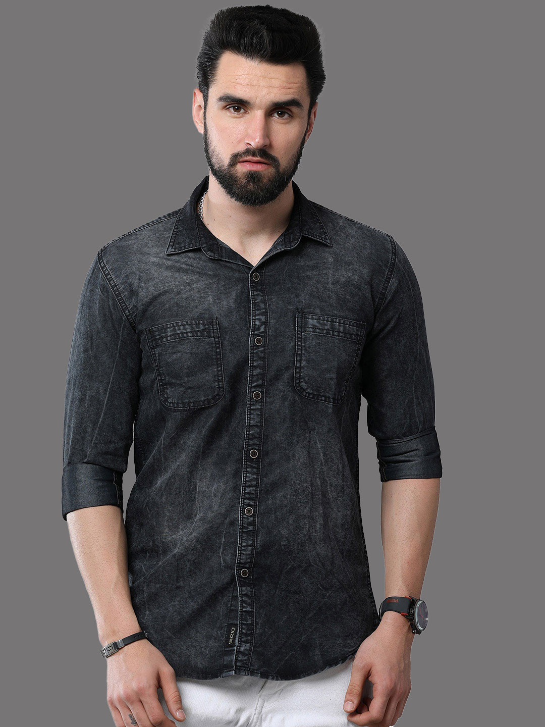

CAZZBA Faded Spread Collar Denim Casual Shirt, Black