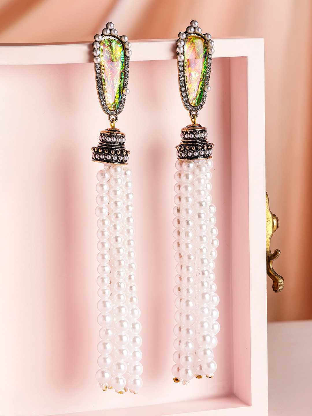 

Rubans Voguish Gold-Plated Stone-Studded And Beaded Drop Earrings
