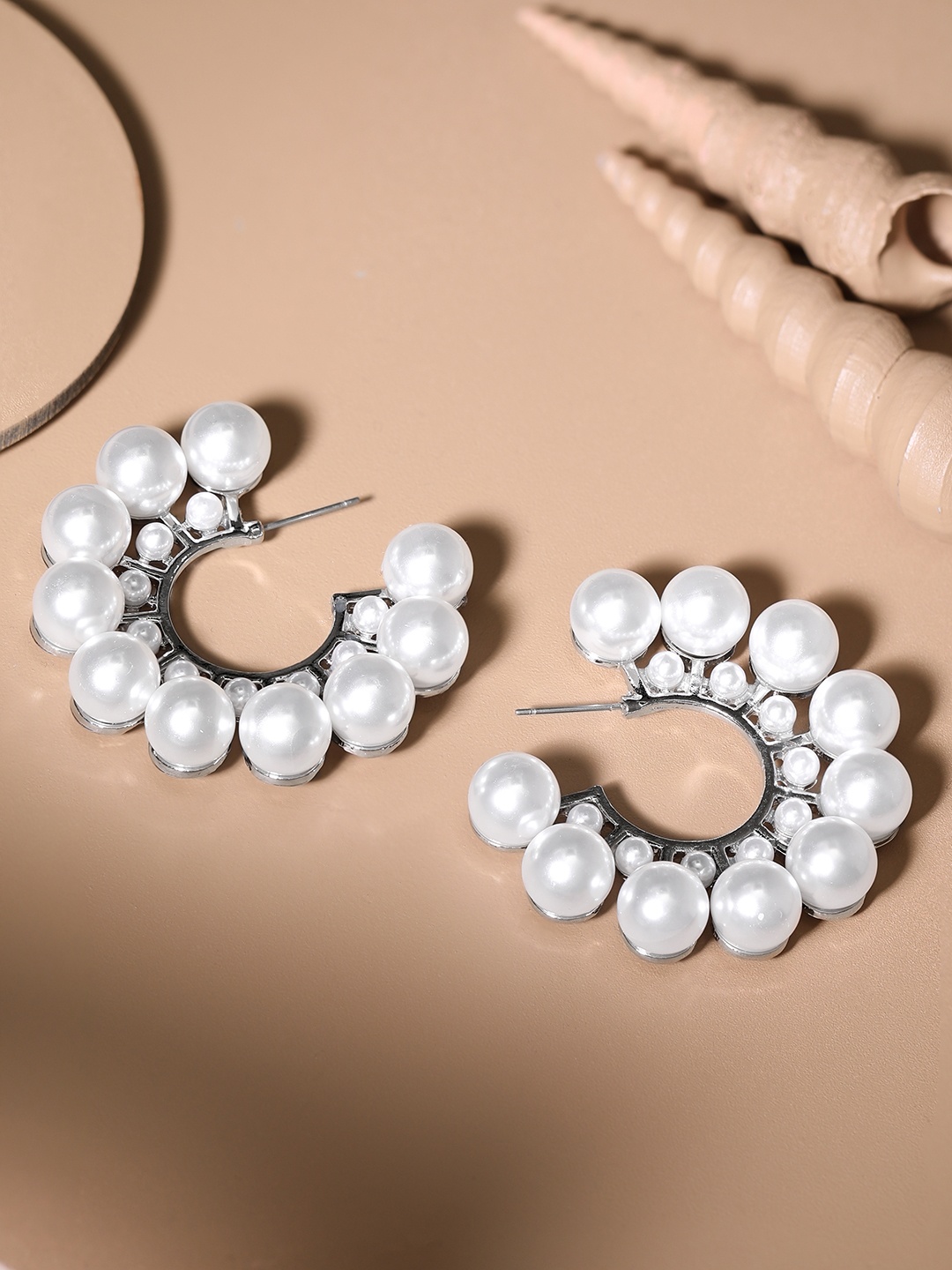 

Rubans Voguish Silver-Plated Pearl Studded Geometric Half Hoop Earrings