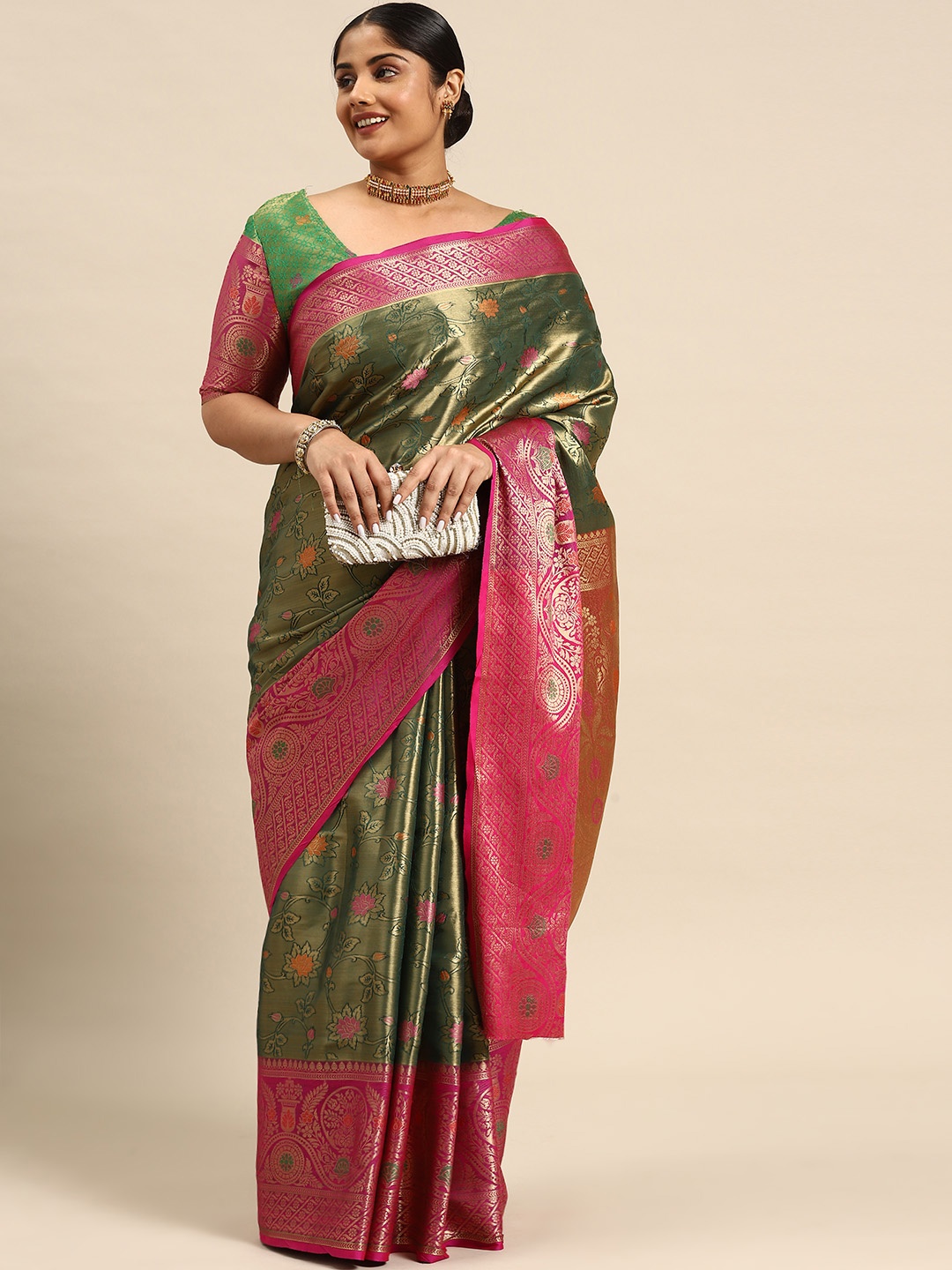 

Sztori Ethnic Motifs Zari Art Silk Banarasi Saree, Green