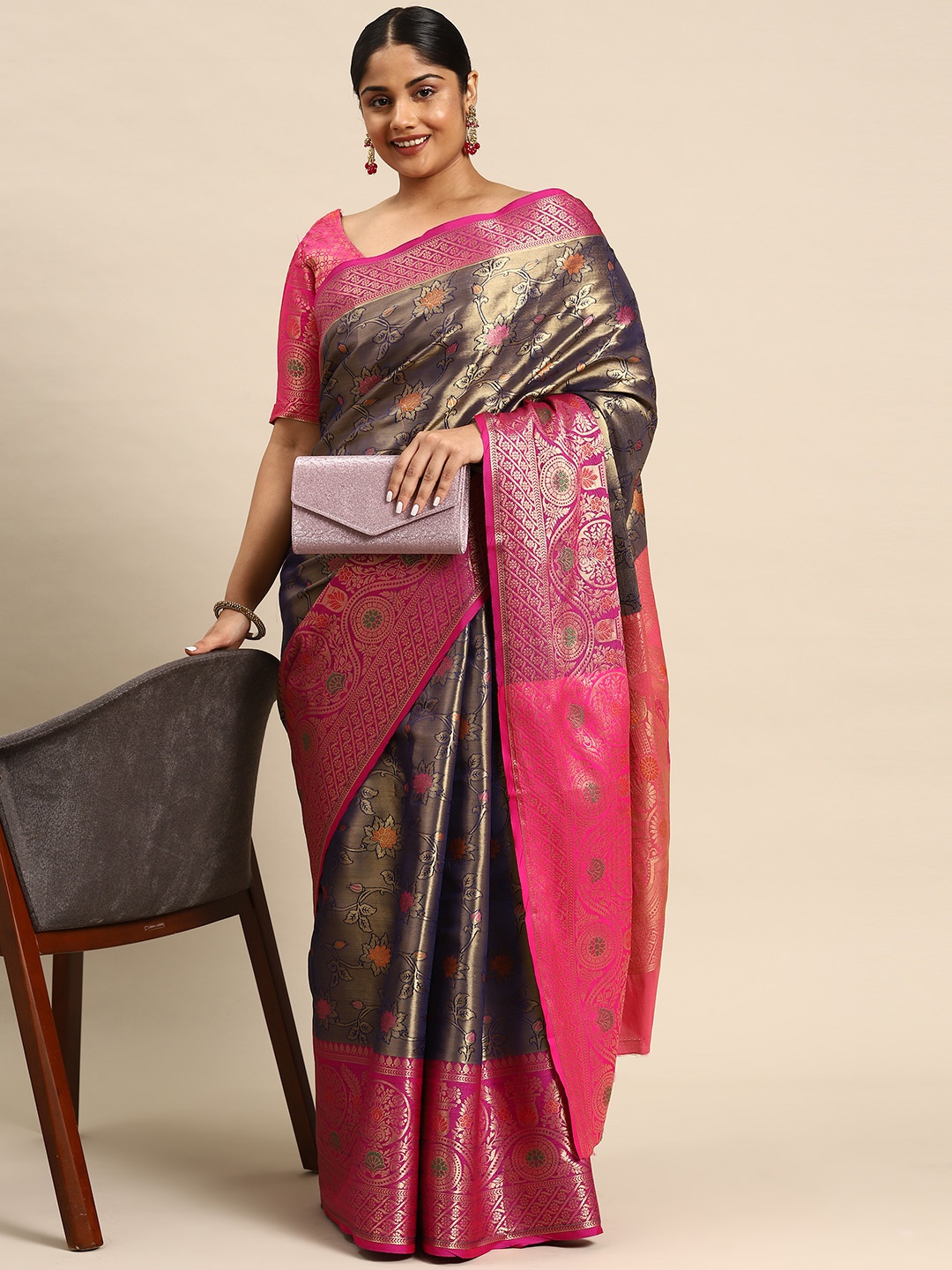 

Sztori Ethnic Motifs Zari Art Silk Banarasi Saree, Navy blue