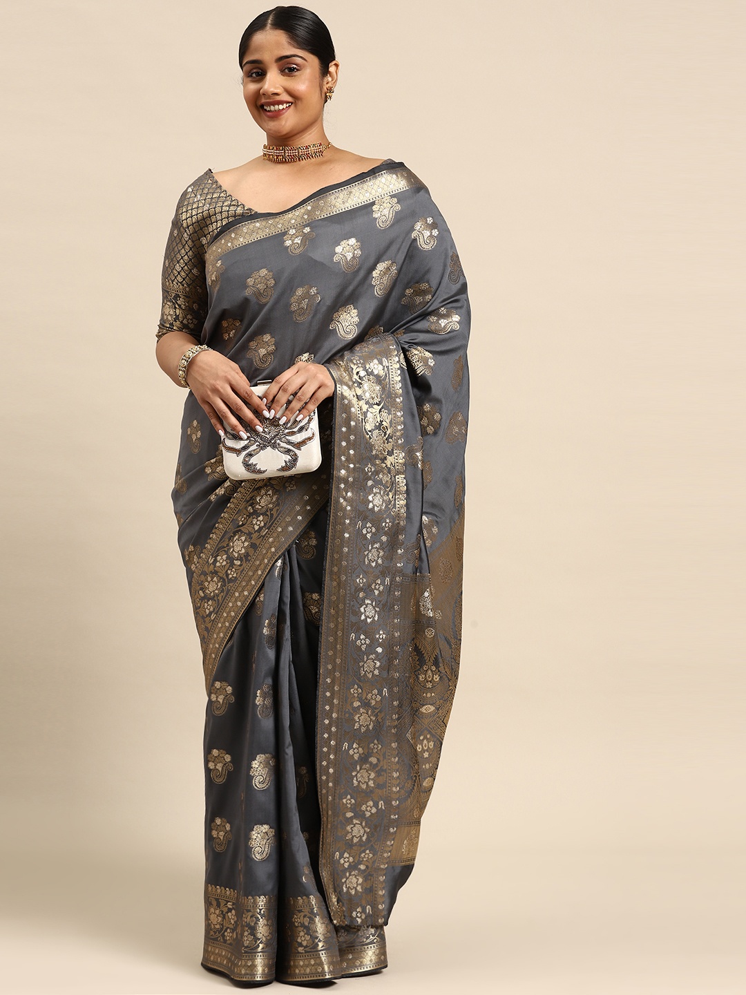 

Sztori Ethnic Motifs Zari Art Silk Banarasi Saree, Grey