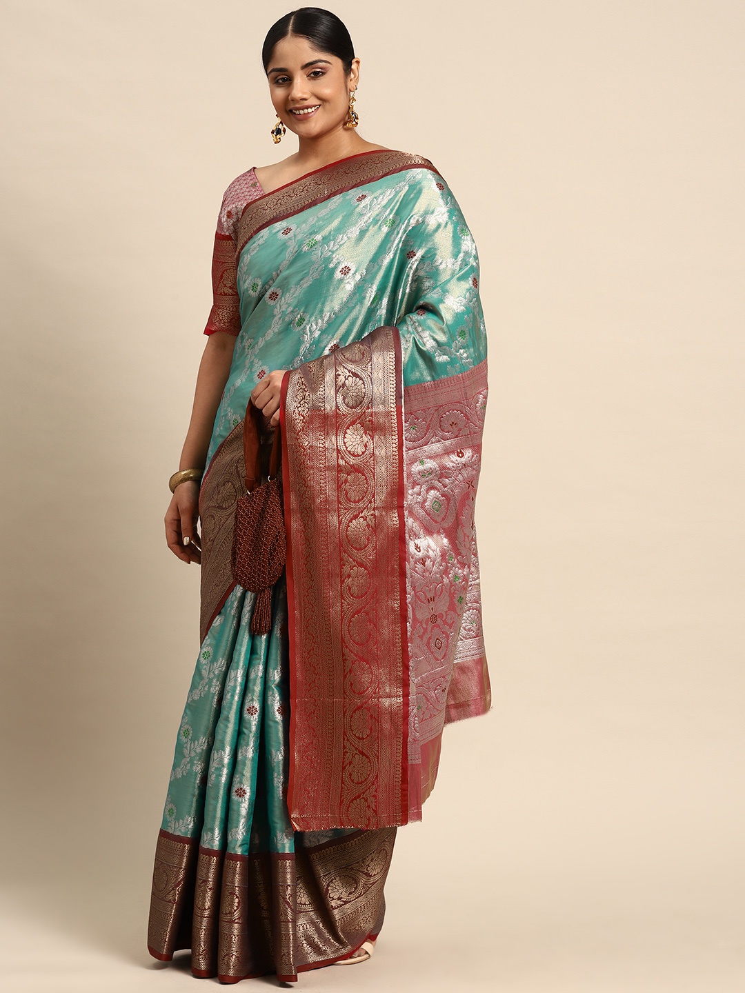

Sztori Woven Design Ethnic Motifs Zari Banarasi Saree, Turquoise blue
