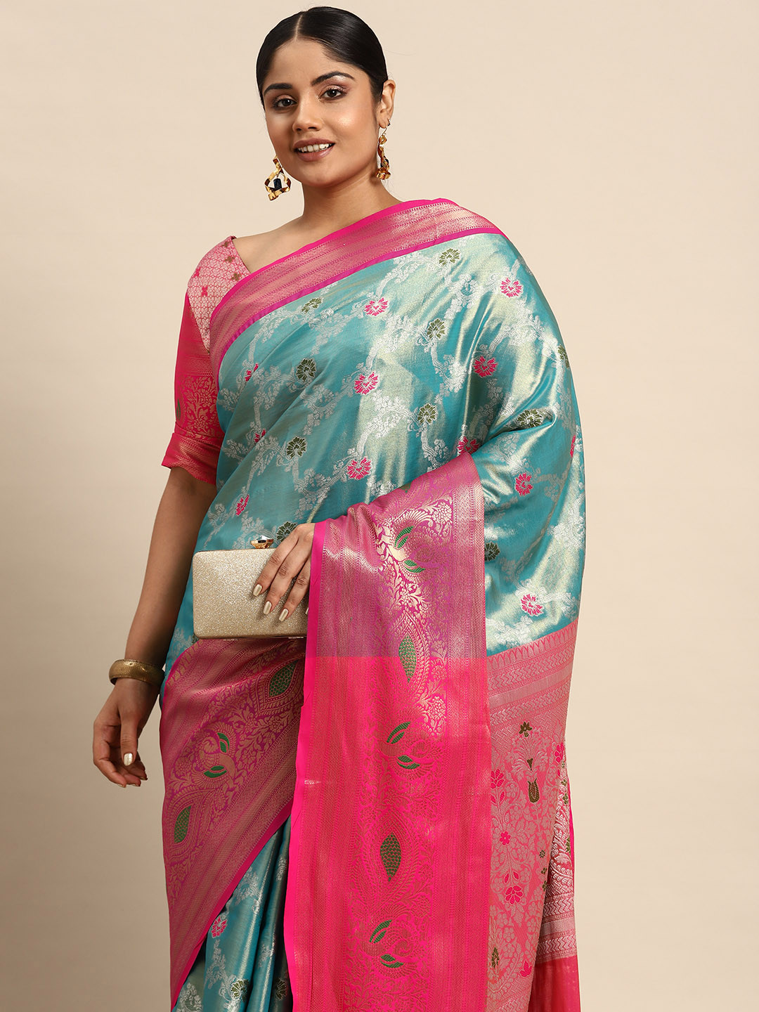 

Sztori Woven Design Ethnic Motifs Zari Banarasi Saree, Turquoise blue