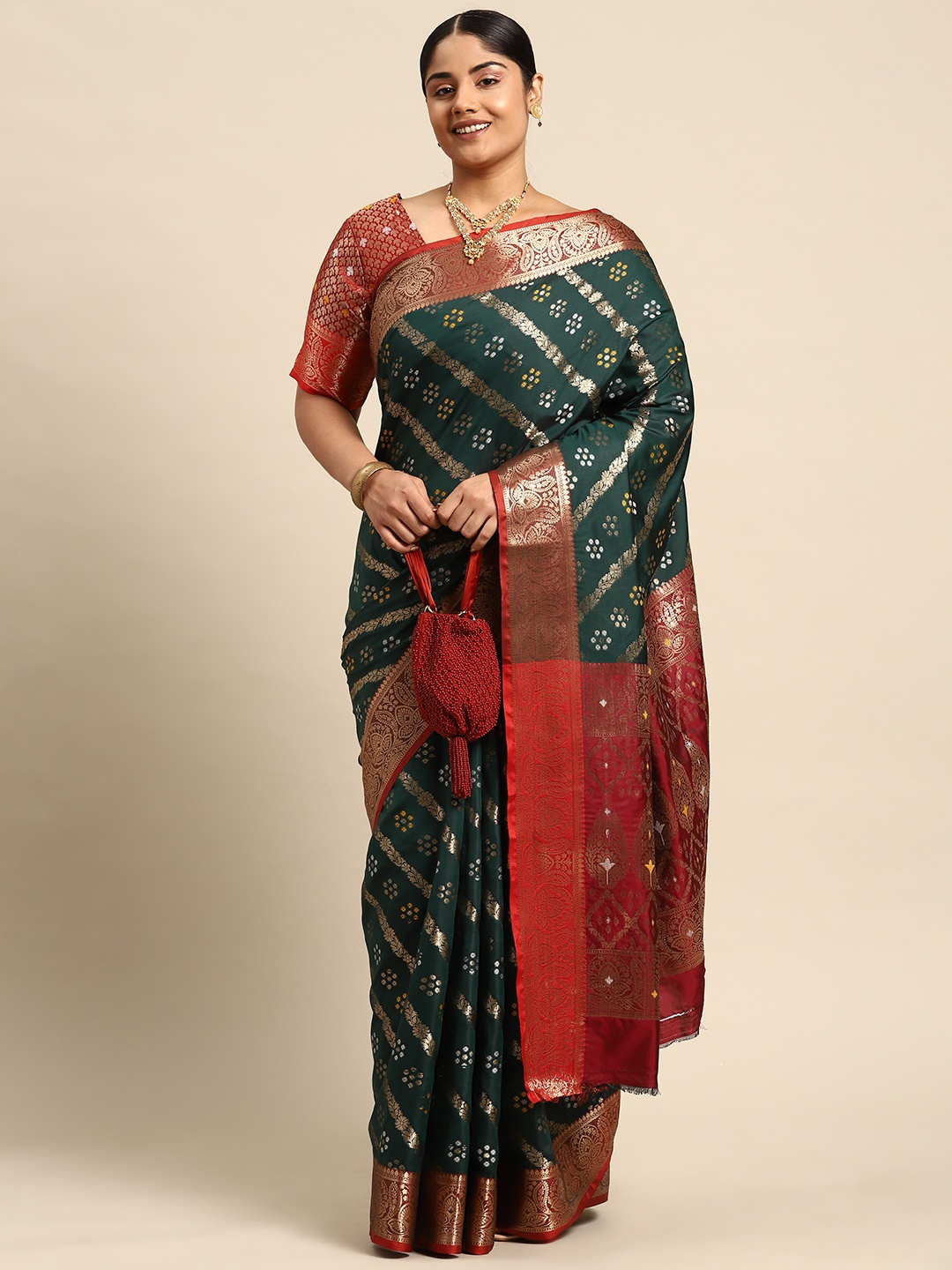 

Sztori Woven Design Ethnic Motifs Zari Banarasi Saree, Green