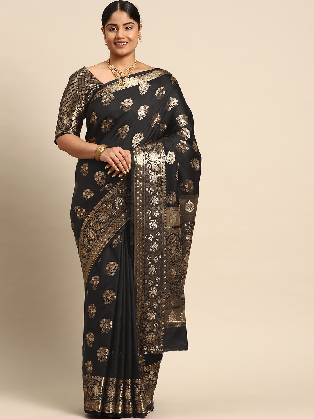 

Sztori Woven Design Ethnic Motifs Zari Banarasi Saree, Black