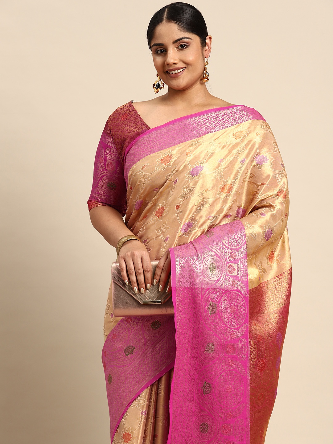 

Sztori Woven Design Floral Zari Banarasi Saree, Cream
