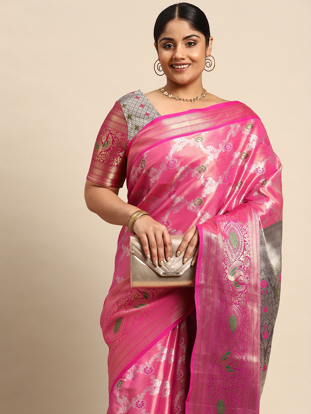 

Sztori Woven Design Ethnic Motifs Zari Banarasi Saree, Pink