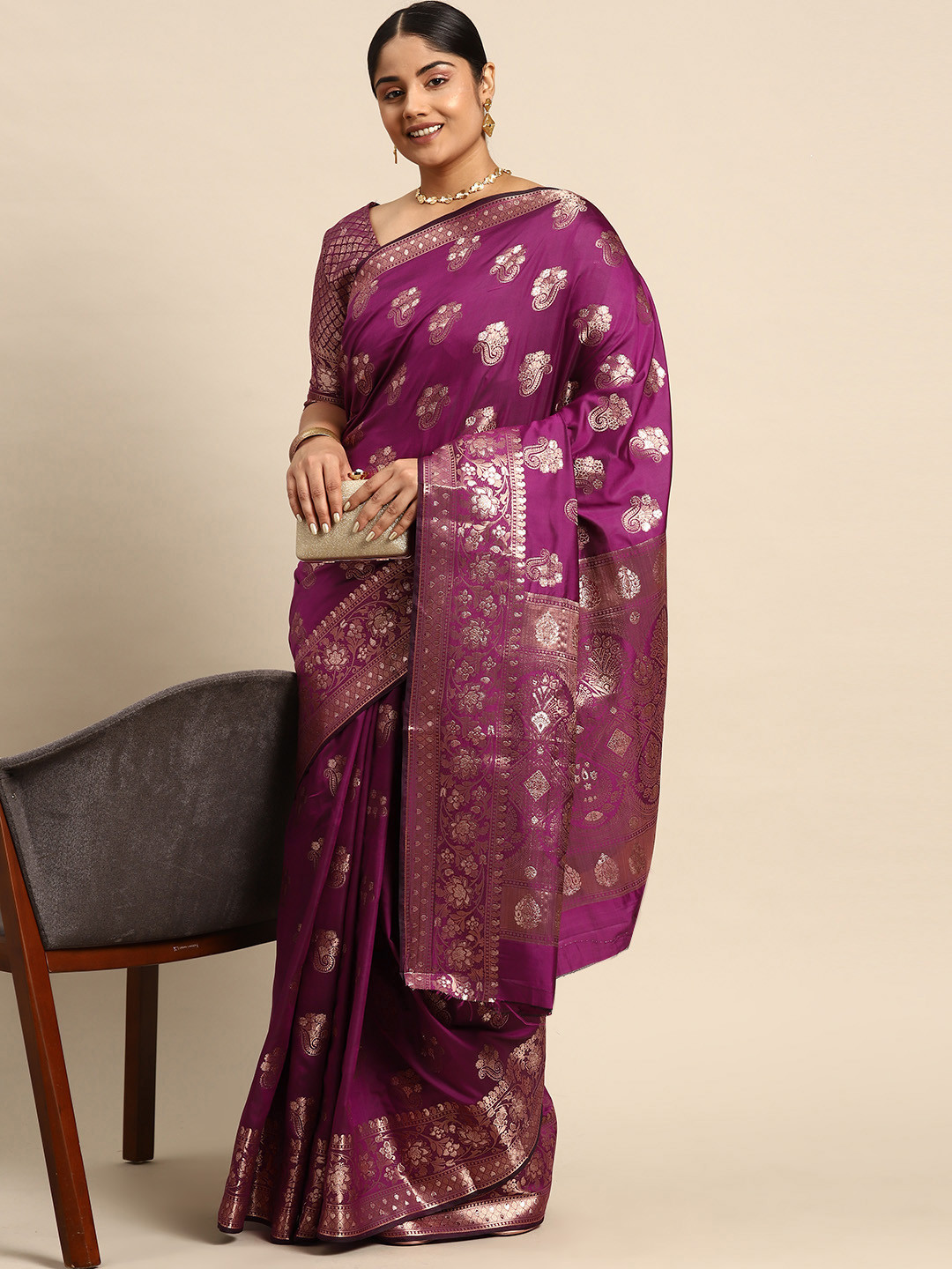 

Sztori Woven Design Ethnic Motifs Zari Banarasi Saree, Purple