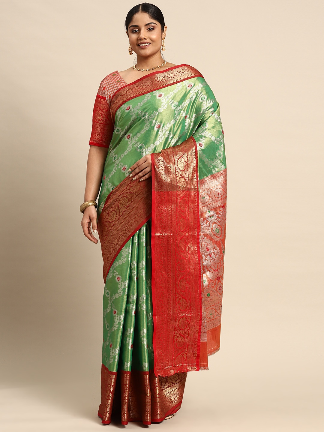 

Sztori Woven Design Ethnic Motifs Zari Banarasi Saree, Green