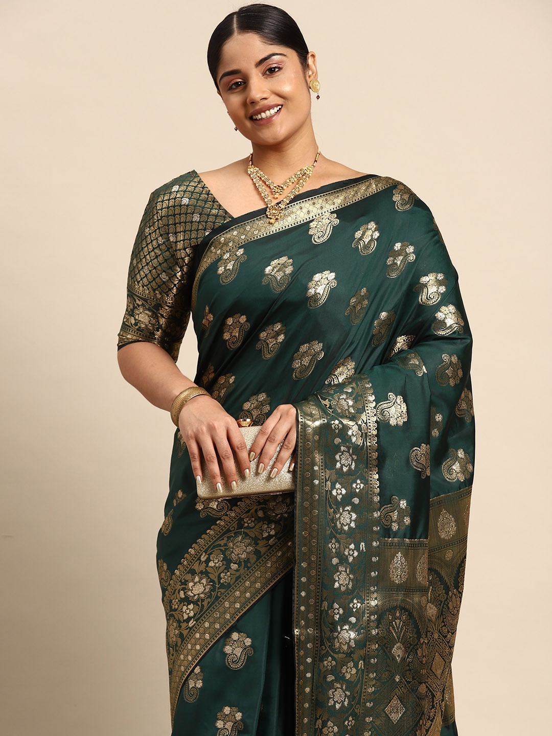 

Sztori Woven Design Ethnic Motifs Zari Banarasi Saree, Green