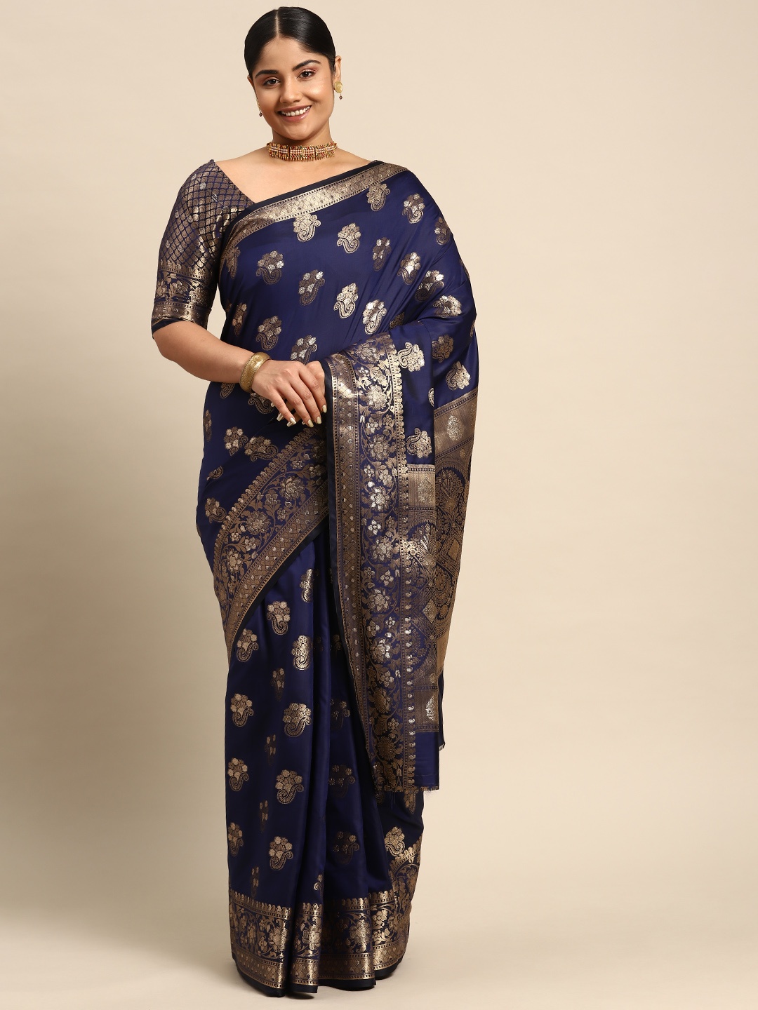 

Sztori Ethnic Motifs Zari Banarasi Saree, Navy blue