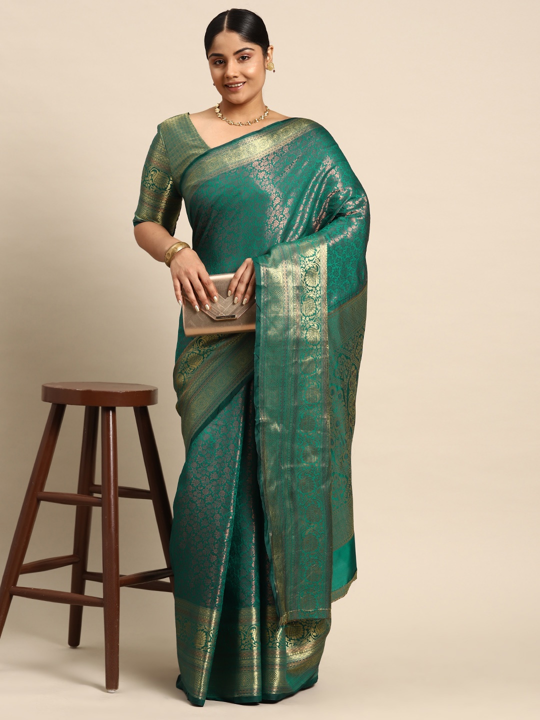 

Sztori Floral Zari Banarasi Saree, Green
