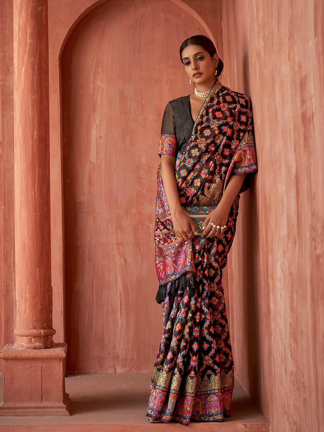 

Mitera Black & Orange Floral Woven Design Banarasi Saree