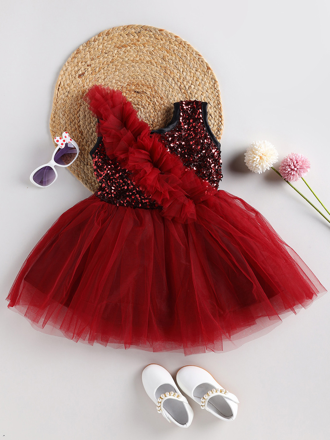 

SmartRAHO Girls Fit & Flare Ruffles Dress, Maroon