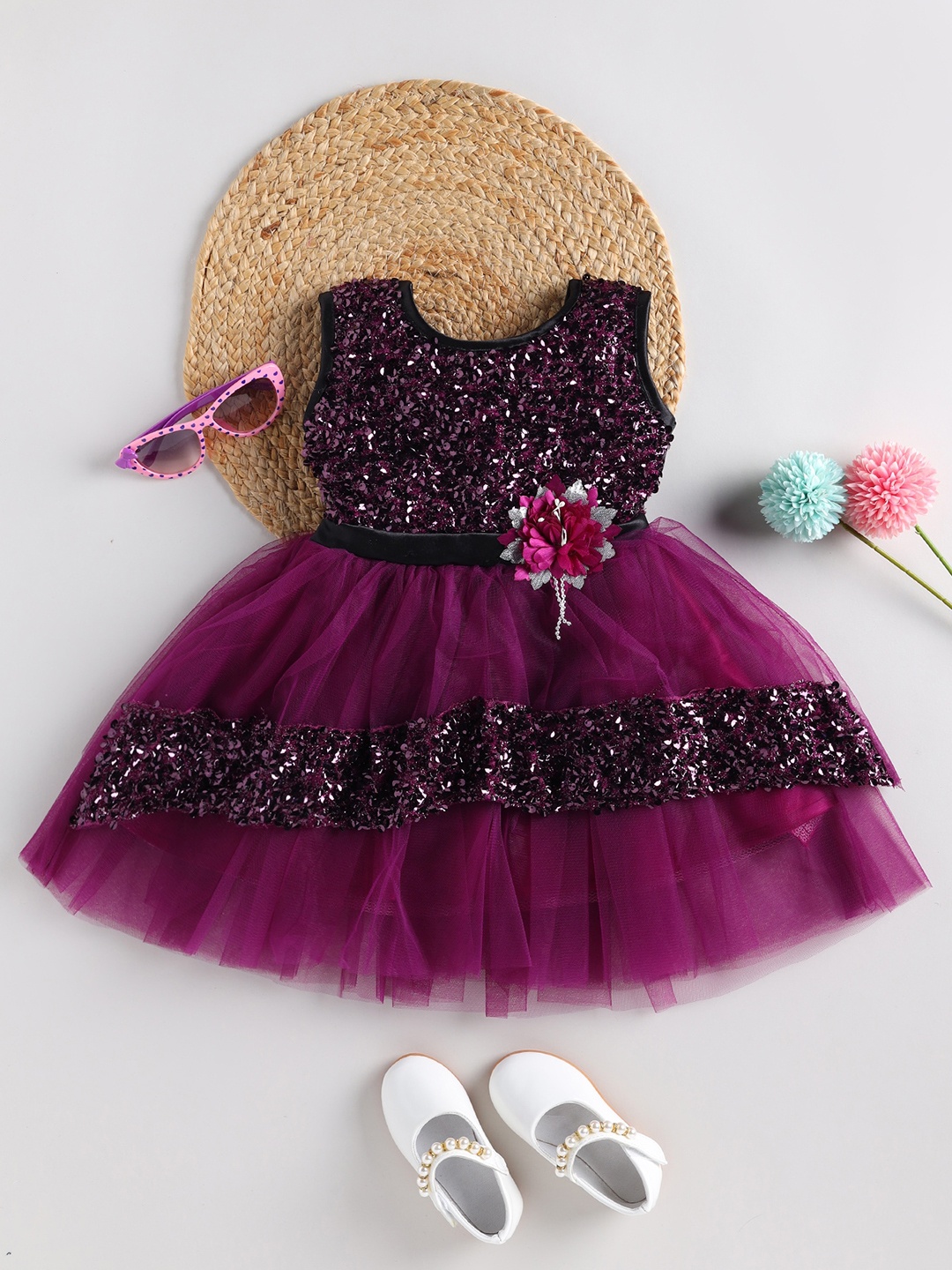 

SmartRAHO Girls Embellished Round Neck Fit & Flare Dress, Purple