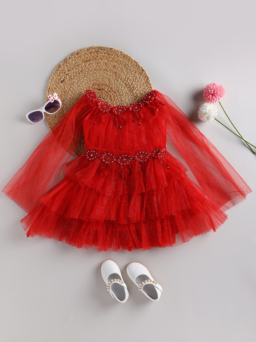

SmartRAHO Girls Embellished Net Fit & Flare Dress, Red