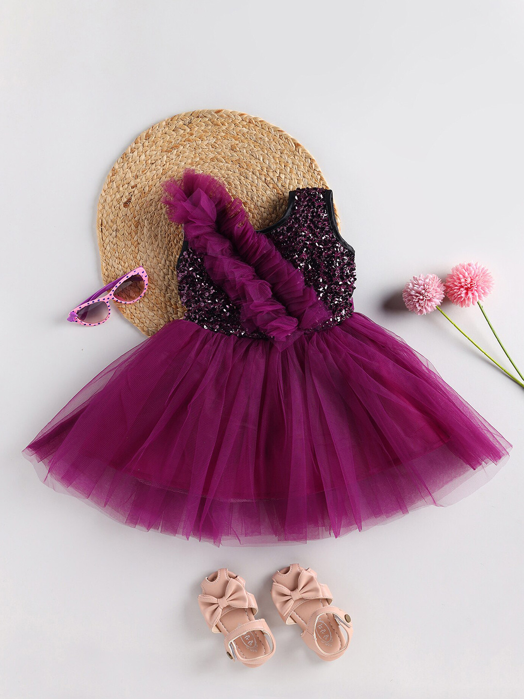 

SmartRAHO Girls Sequined & Ruffled Embellished Net Fit & Flare Party Dress, Purple