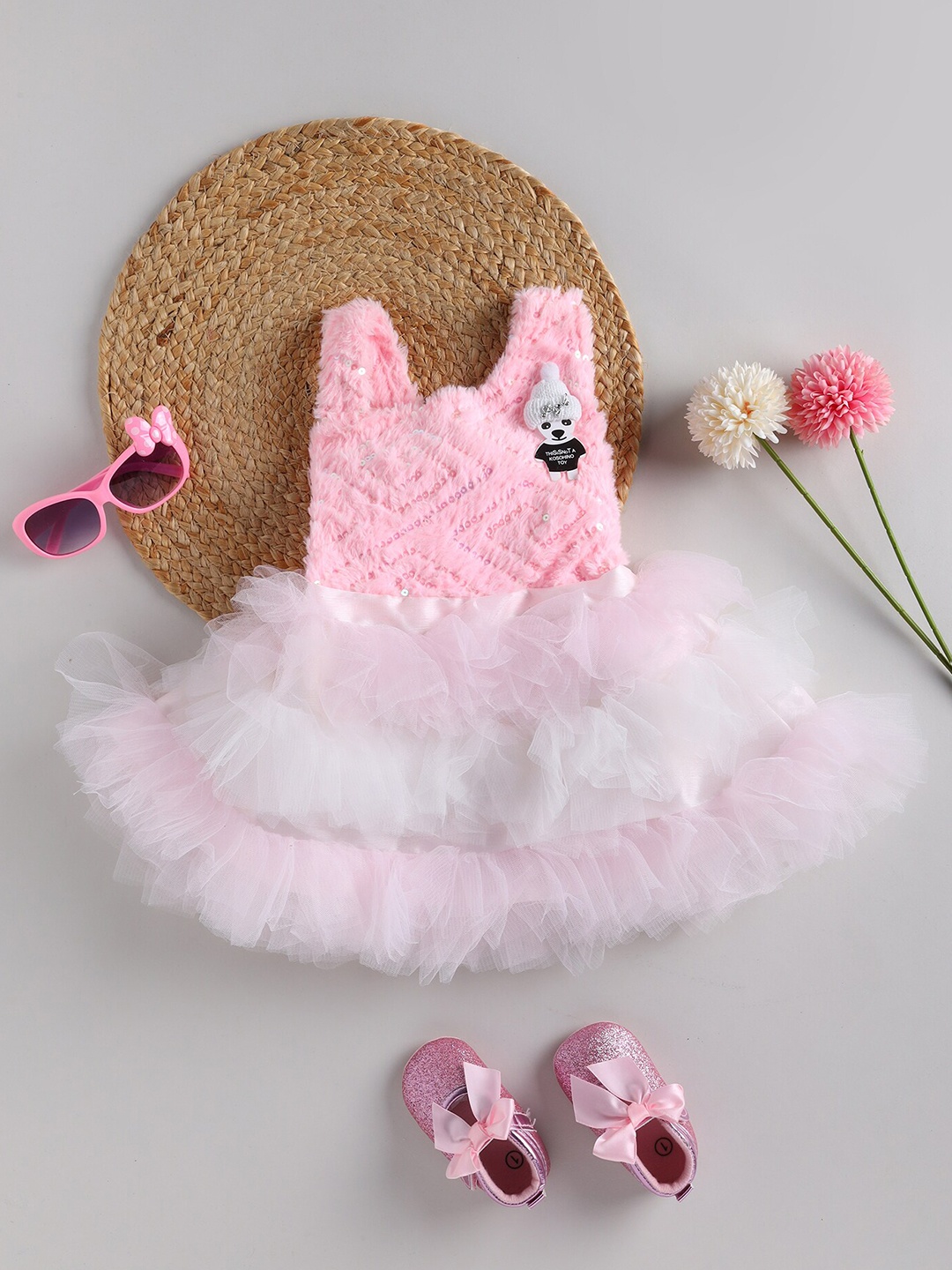 

SmartRAHO Girls Sequined Embellished Net Fit & Flare Dress With Smocking, Pink