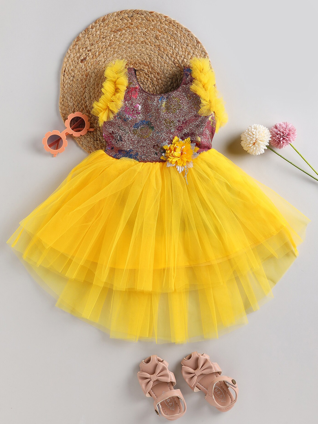 

SmartRAHO Girls Sequined & Ruffled Net Fit & Flare Party Dress, Yellow