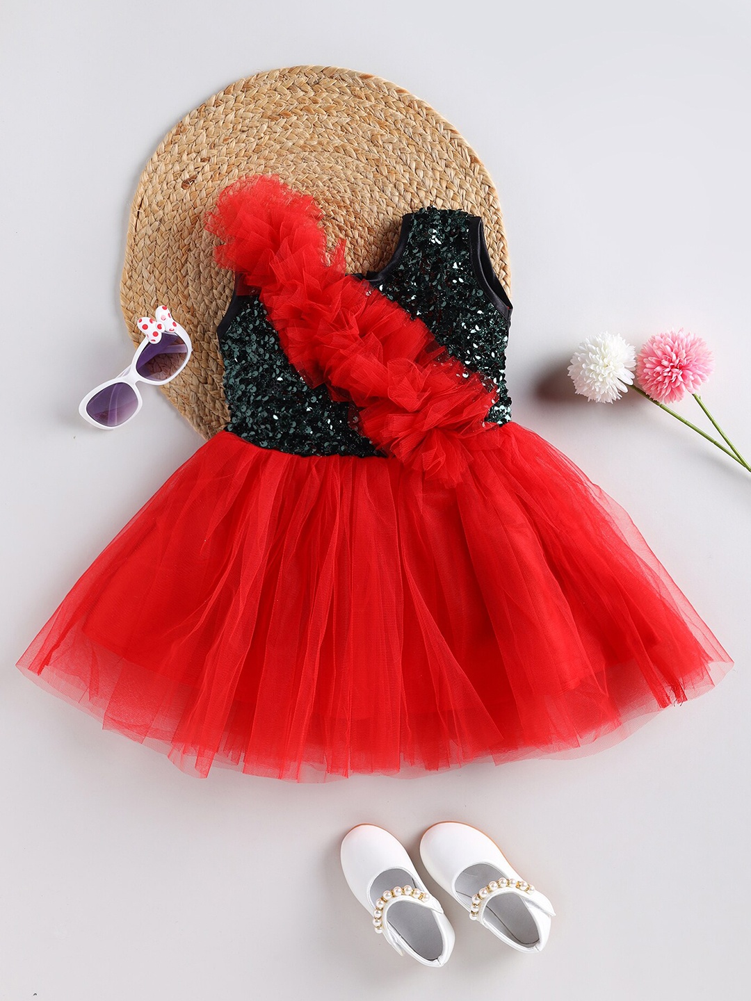 

SmartRAHO Girls Sequined & Ruffled Embellished Net Fit & Flare Party Dress, Red