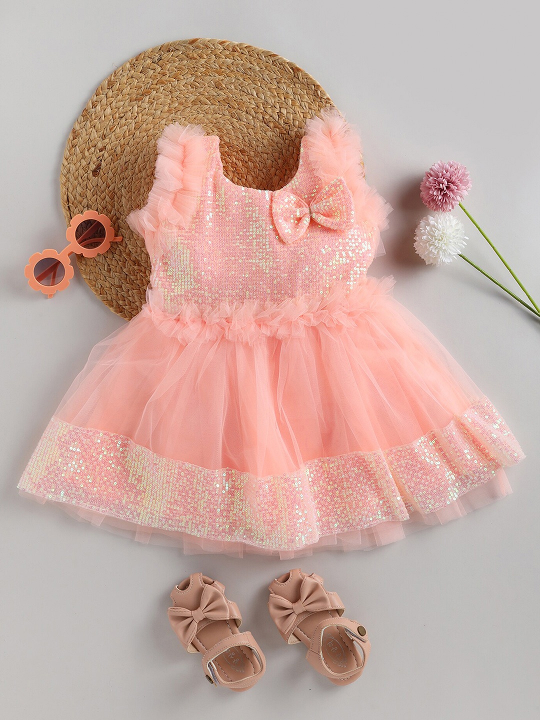 

SmartRAHO Sequined Embellished Net Fit & Flare Dress, Peach