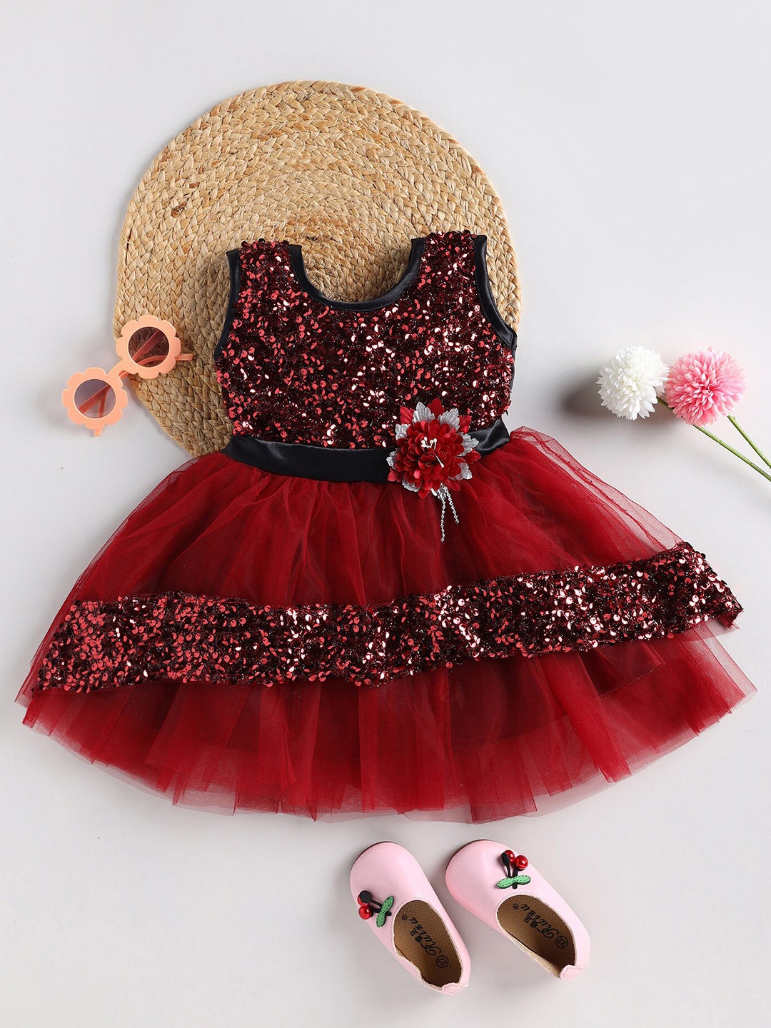 

SmartRAHO Girls Sequined Embellished Net Fit & Flare Dress, Maroon