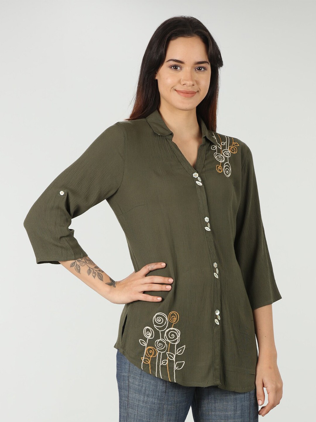 

Mustard Floral Self Design Standard Casual Shirt, Green
