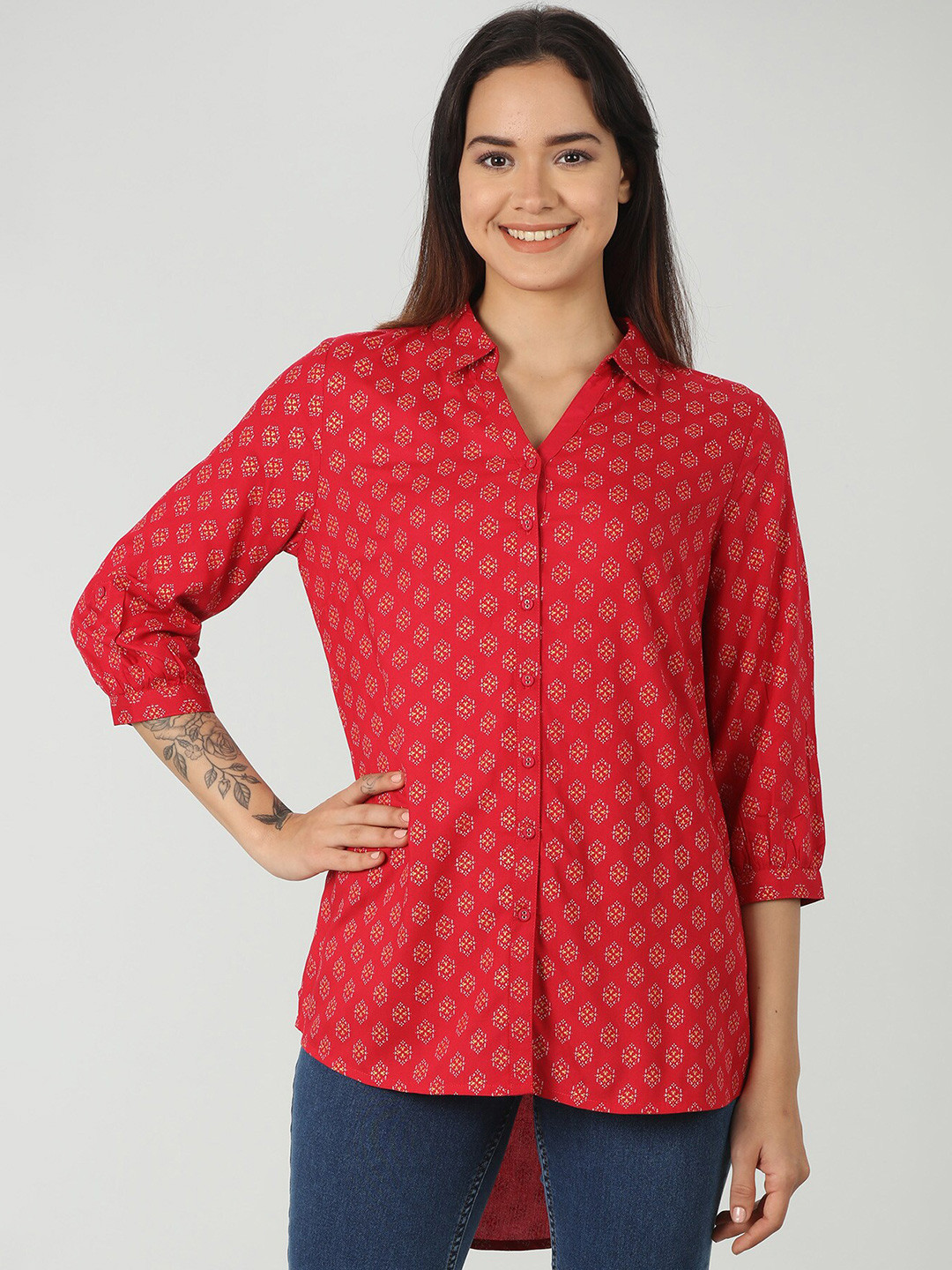 

Mustard Ethnic Motifs Printed Standard-Fit Casual Shirt, Red