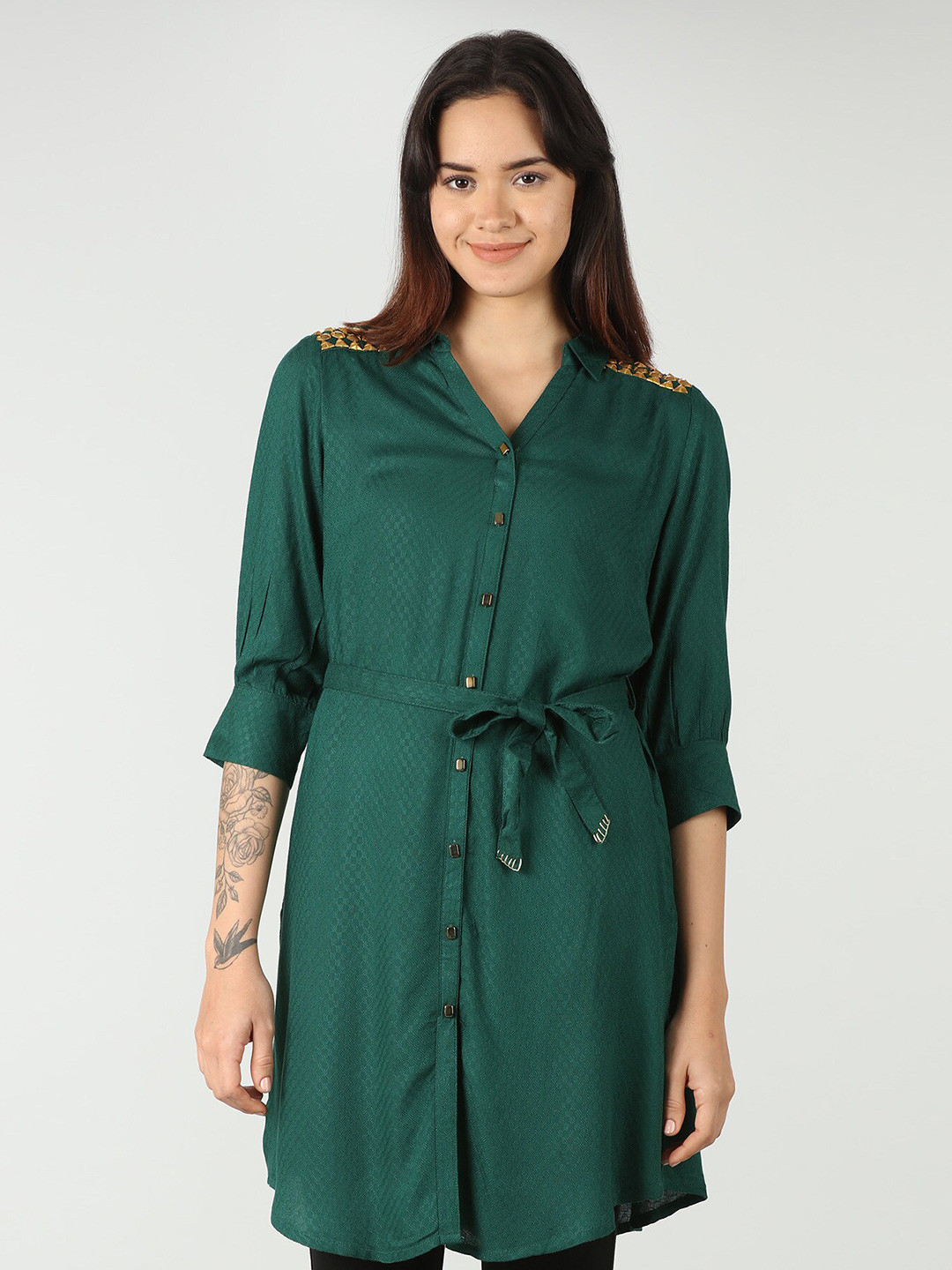 

Mustard Geometric Printed Shirt Style Top, Green