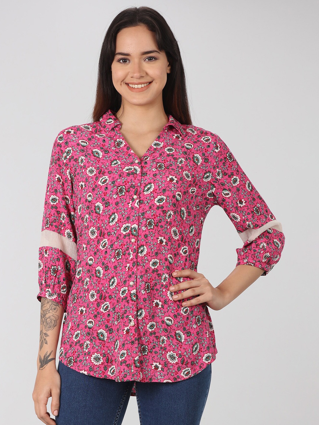 

Mustard Floral Printed Puff Sleeves Shirt Style Shirt, Pink