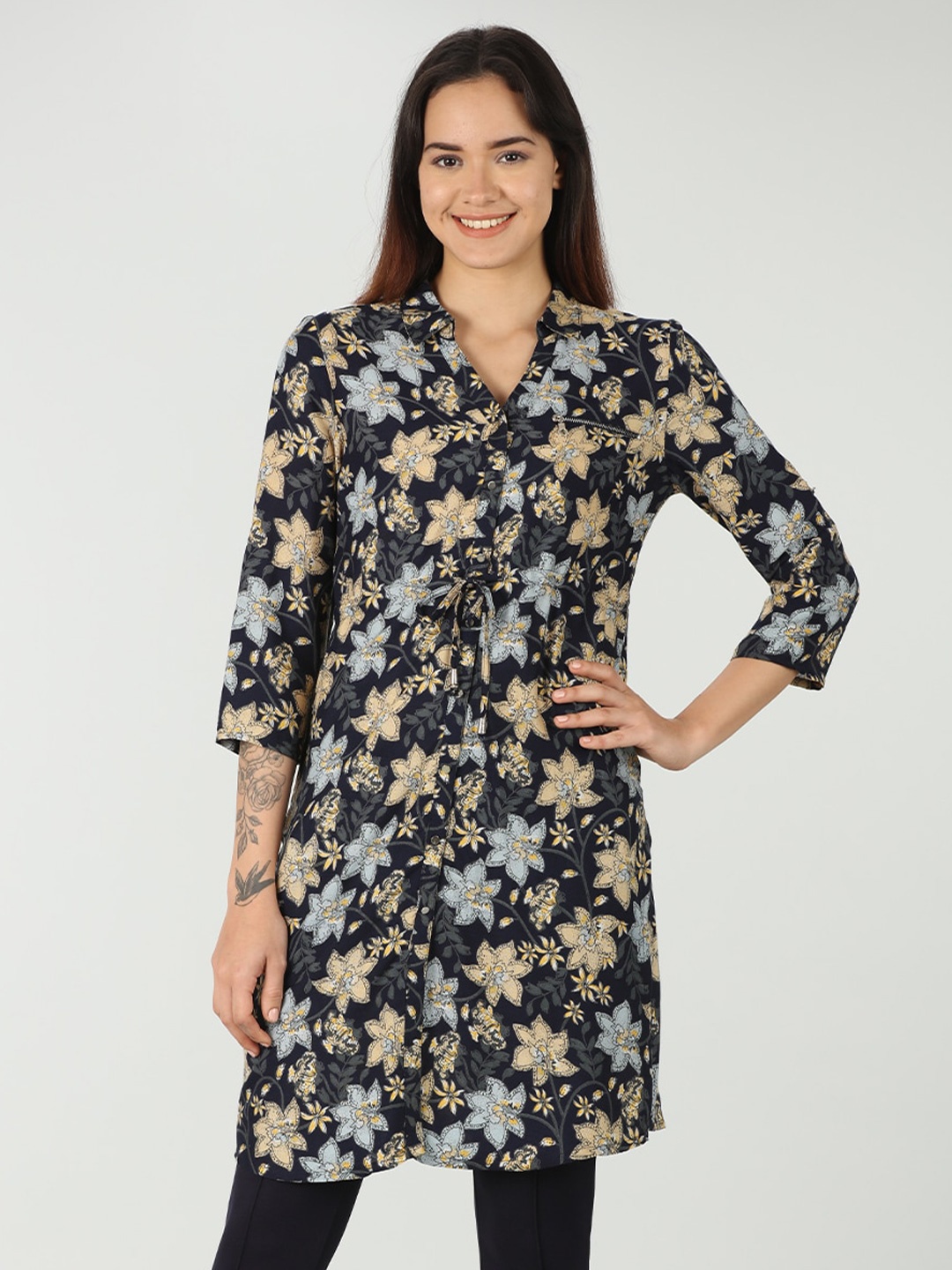 

Mustard Floral Printed Shirt Style Dress, Navy blue
