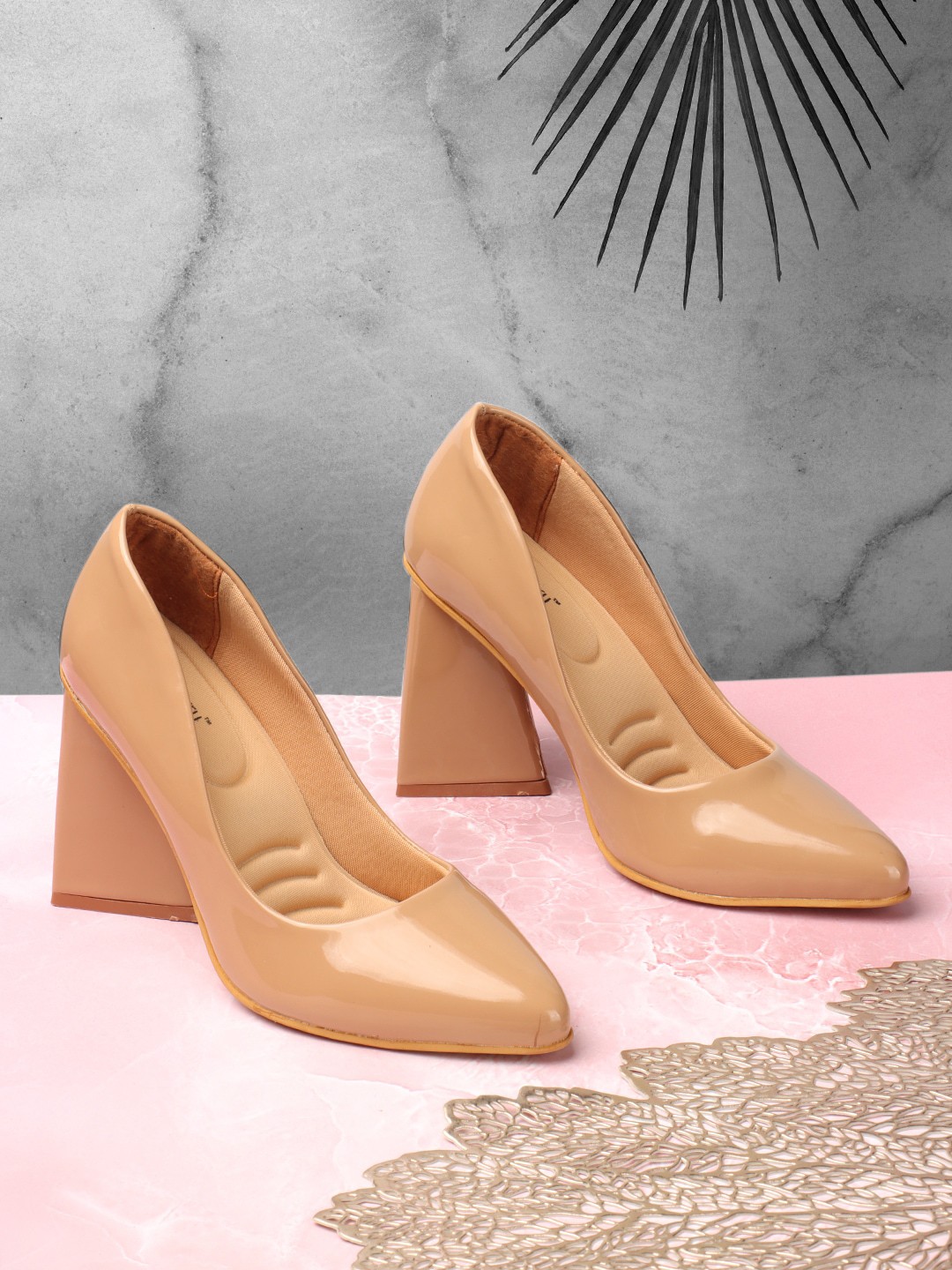 

DressBerry Beige Pointed Toe Block Heel Pumps
