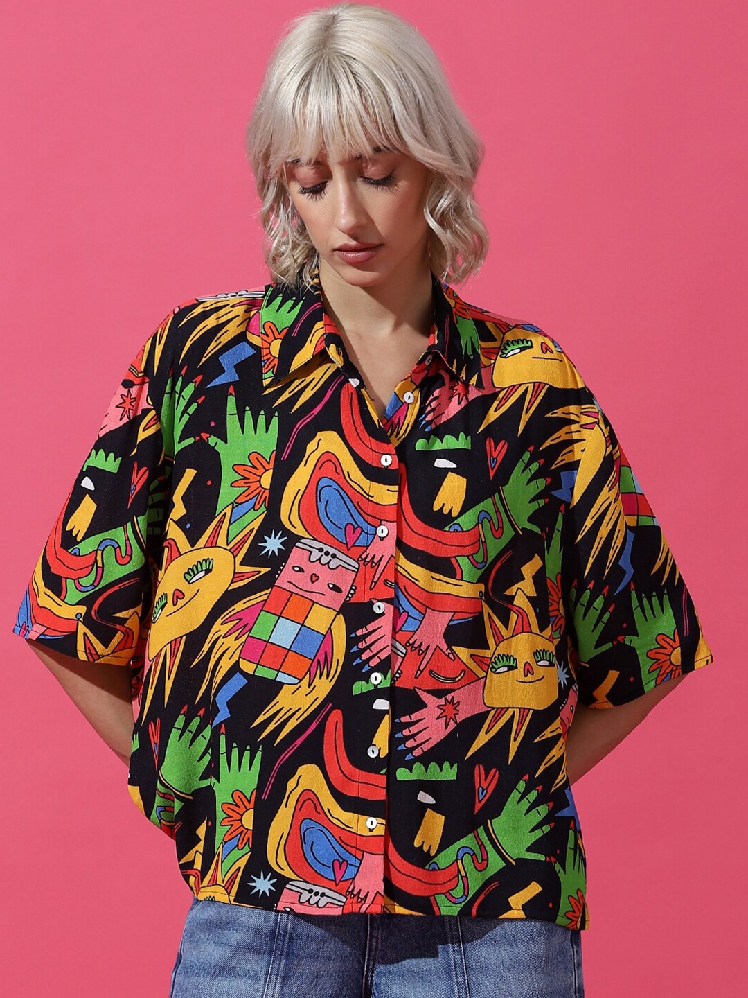 

ONLY Onlbecca Feeling SS Boxy Graphic Printed Casual Shirt, Black