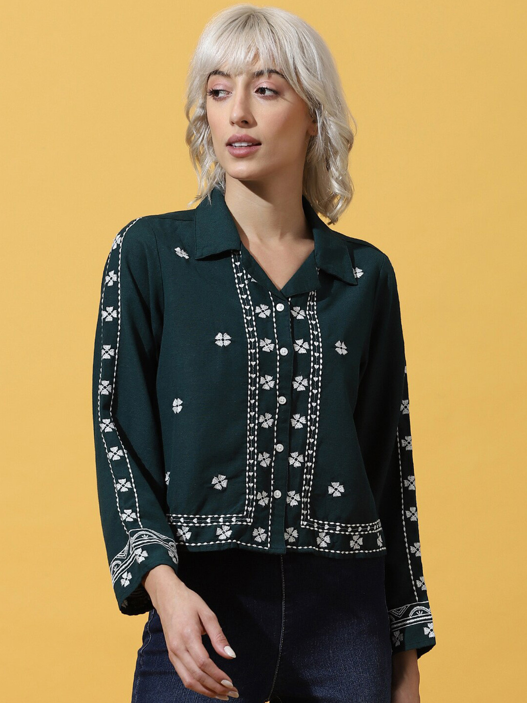 

ONLY Ontale LS Ethnic Motifs Embroidered Shirt Style Top, Green