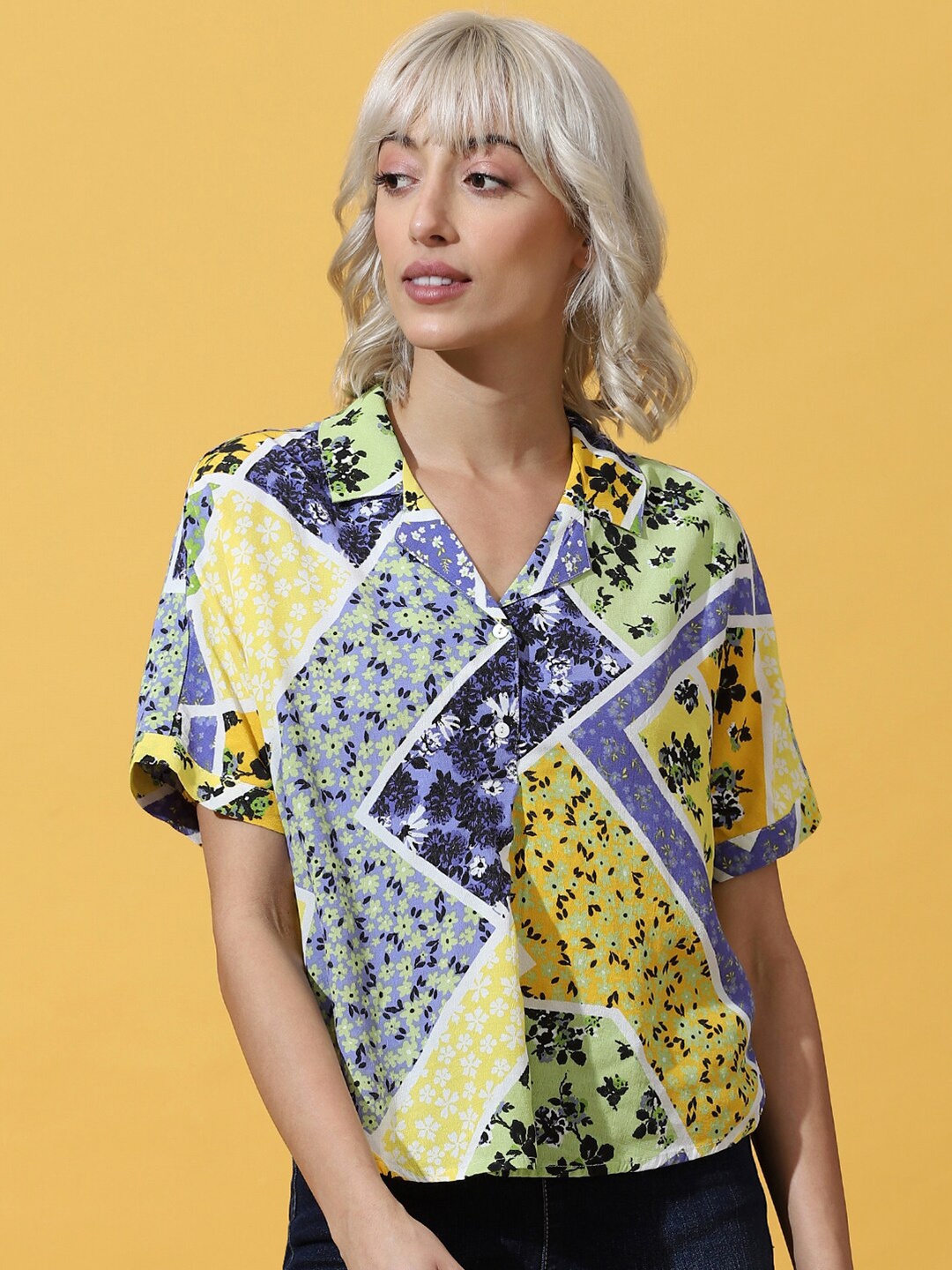 

ONLY Floral Printed Cuban Collar Casual Shirt, Yellow