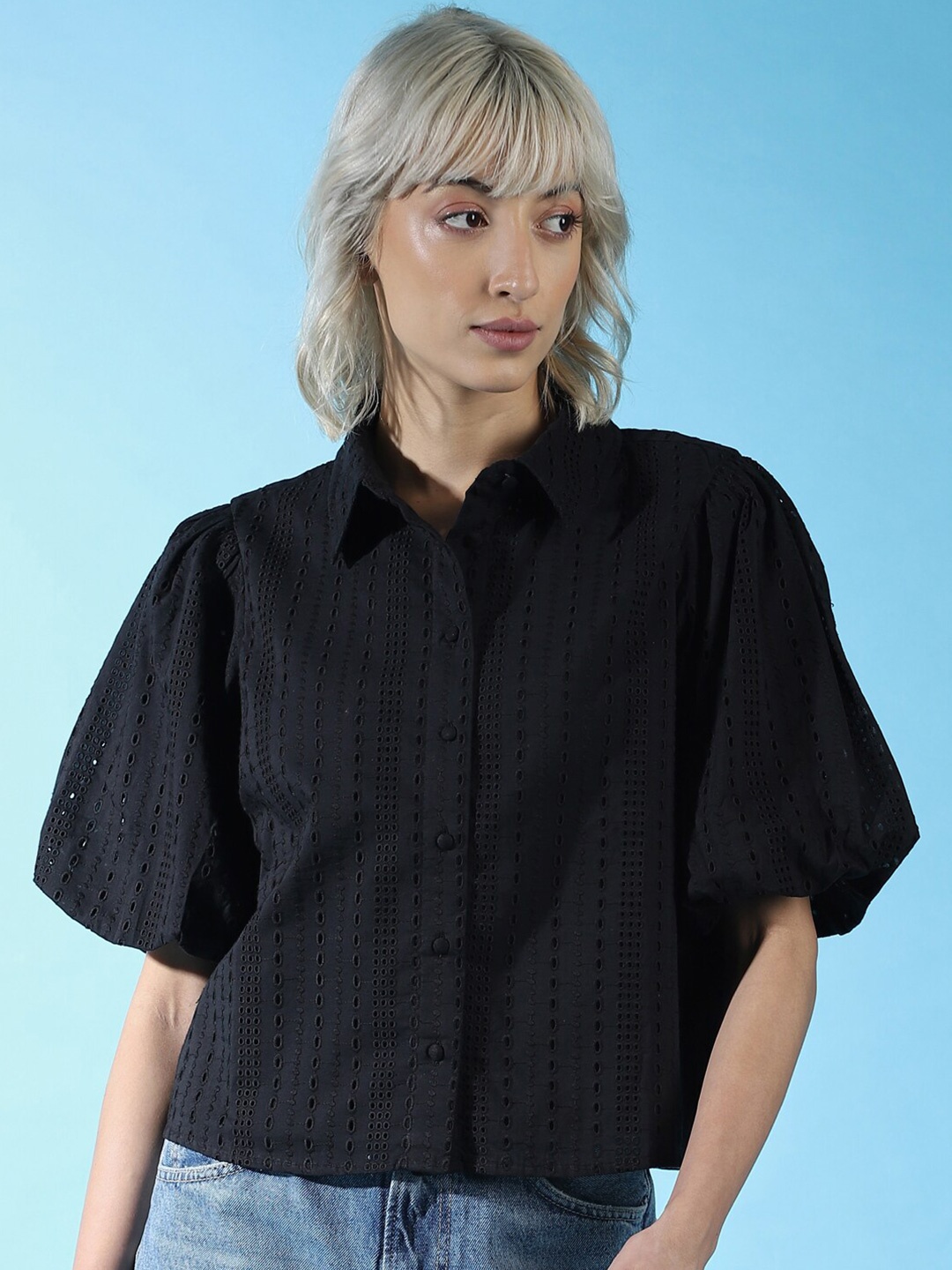 

ONLY Women Schiffli Cotton Boxy Casual Shirt, Black