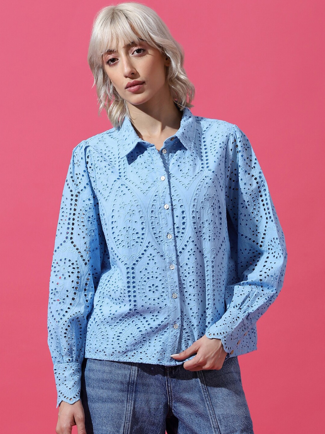 

ONLY Women Schiffli Cotton Casual Shirt, Blue