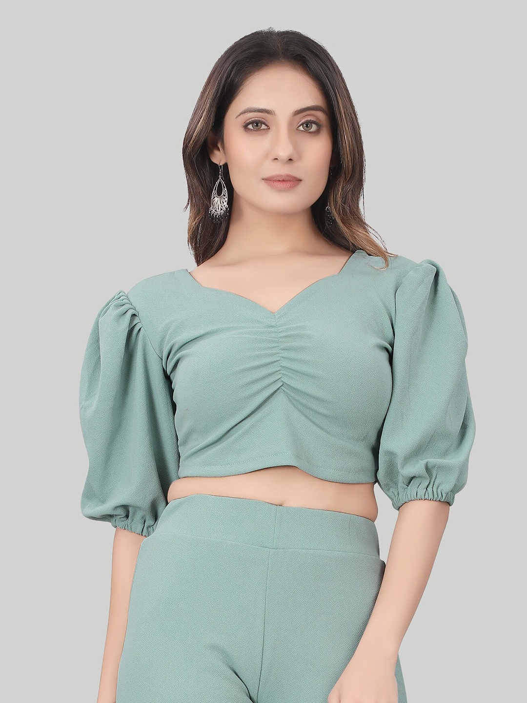 

LEE TEX V-Neck Puff Sleeves Gathered Crop Top, Green
