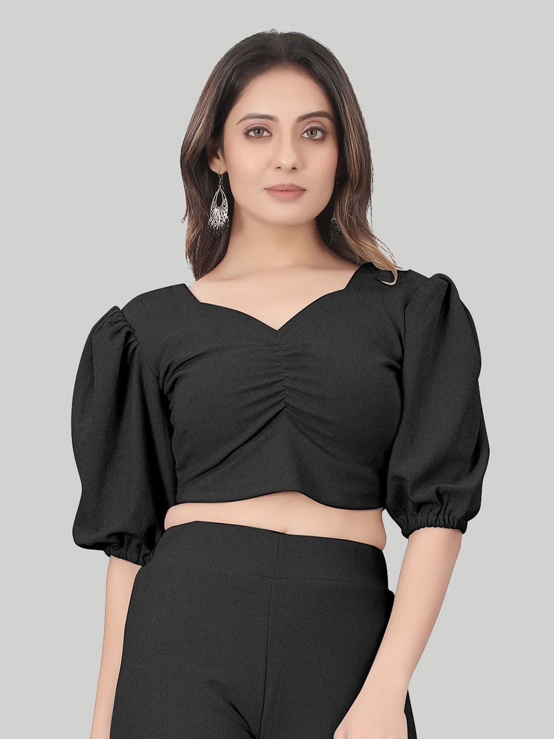 

LEE TEX V-Neck Puff Sleeves Gathered Crop Top, Black