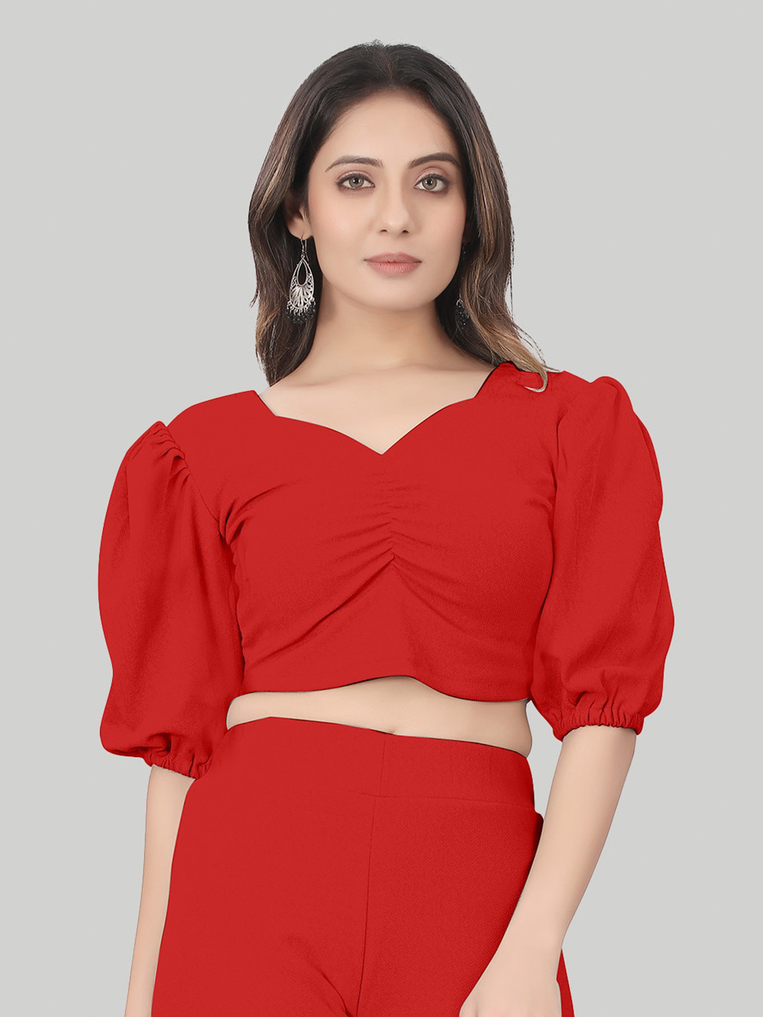 

LEE TEX V-Neck Puff Sleeves Gathered Crop Top, Red