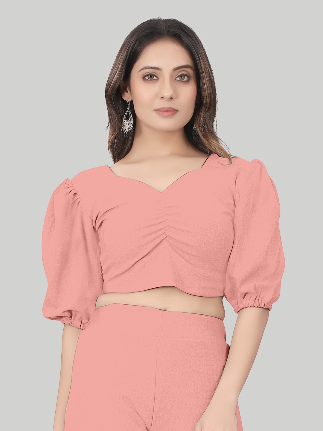 

LEE TEX Sweetheart Puff Sleeves Crop Top, Peach