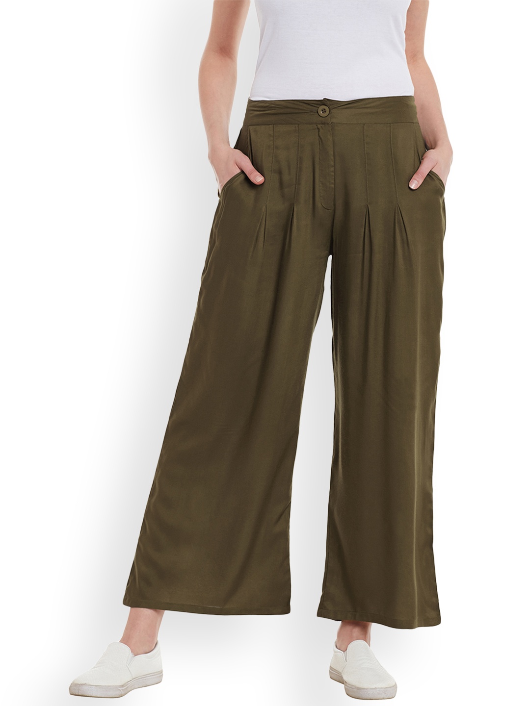 

PANIT Women Olive Green Solid Straight Palazzos