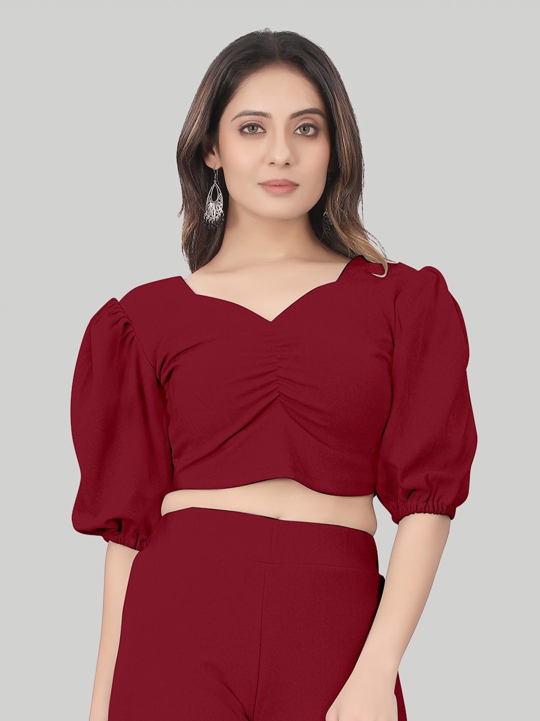 

LEE TEX V-Neck Puff Sleeves Gathered Crop Top, Maroon