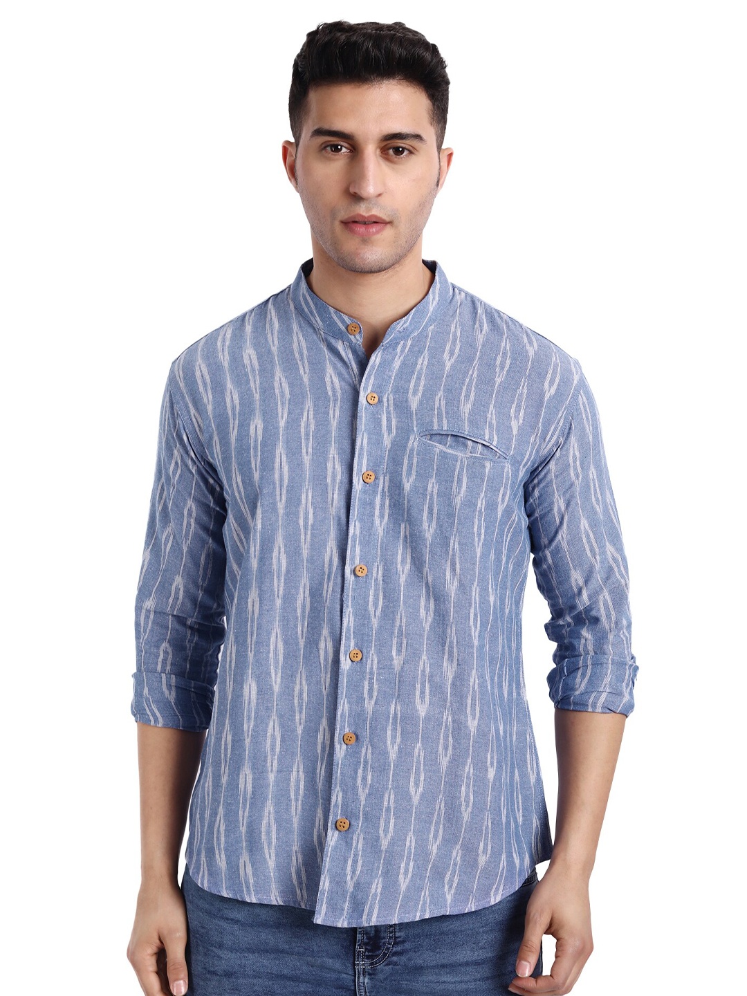 

Aashima Wahal Ikat Printed Band Collar Comfort Cotton Casual Shirt, Blue