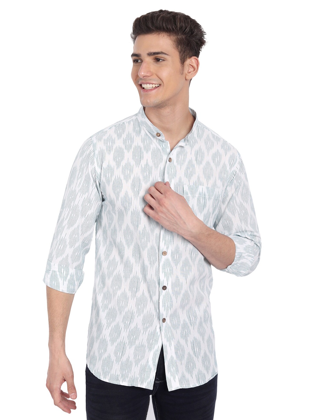 

Aashima Wahal Geometric Printed Band Collar Comfort Cotton Casual Shirt, White