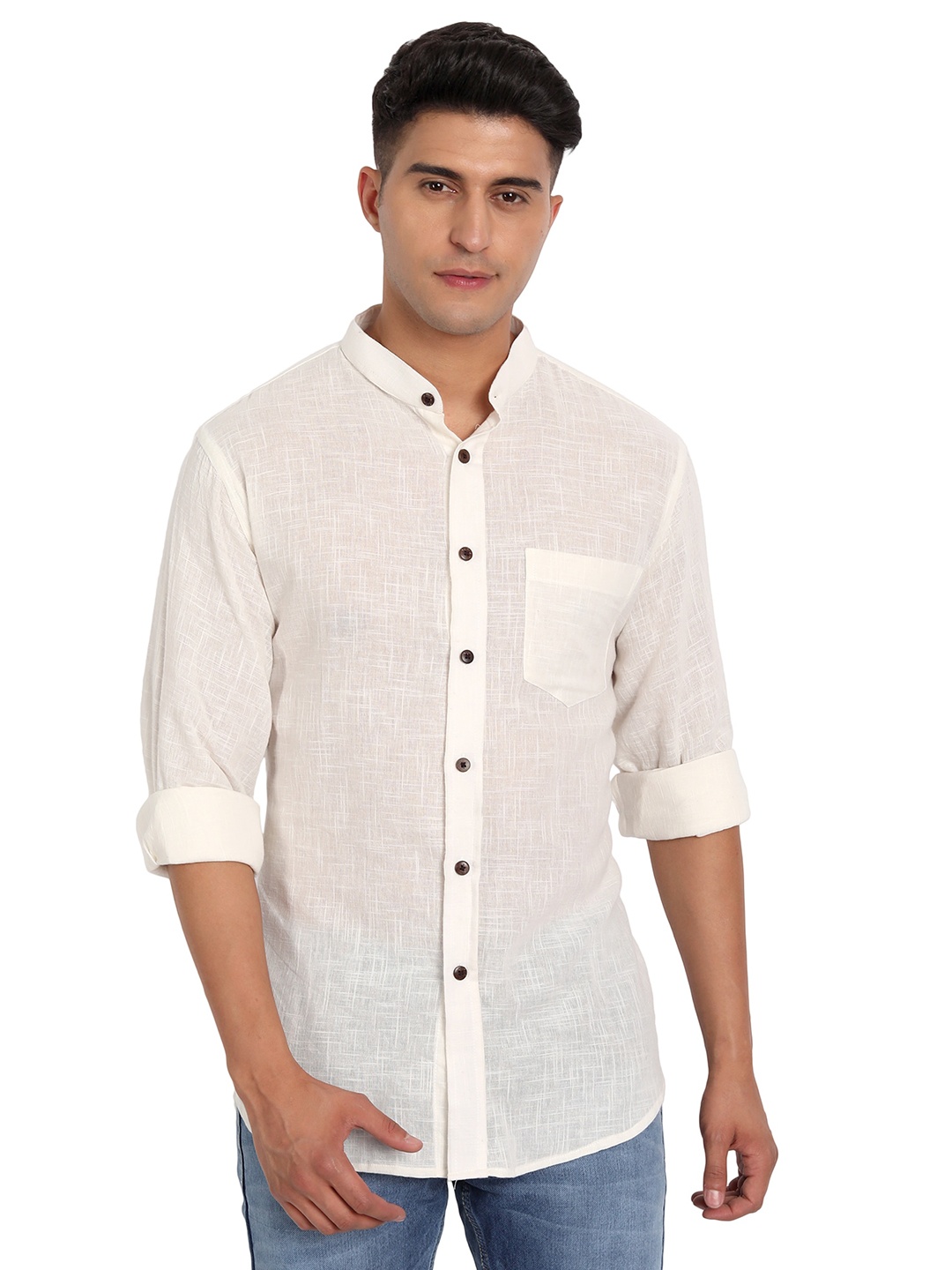 

Aashima Wahal Band Collar Comfort Cotton Linen Casual Shirt, Off white