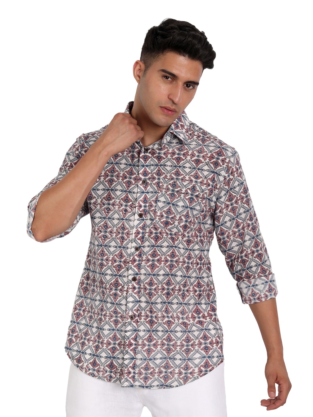 

Aashima Wahal Ethnic Motifs Printed Comfort Cotton Linen Casual Shirt, White
